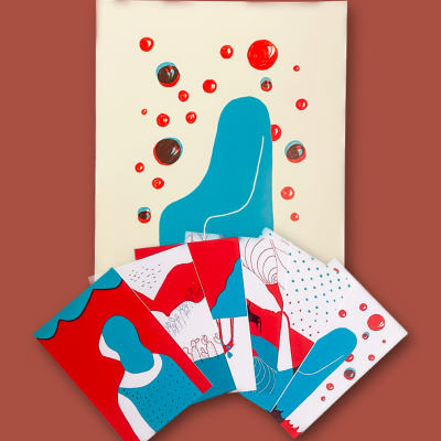 Capas coloridas com desenhos abstratos em vermelho, azul e branco