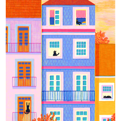 Ilustração colorida de edifícios com janelas, varandas e gatos