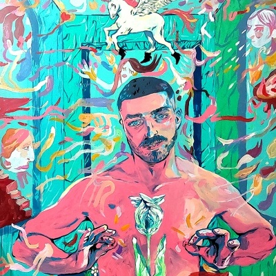 Pintura colorida de homem com cavalo alado e planta no peito em fundo azul