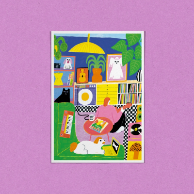 Ilustração colorida de sala de estar com pessoa a tocar guitarra e cão a usar portátil