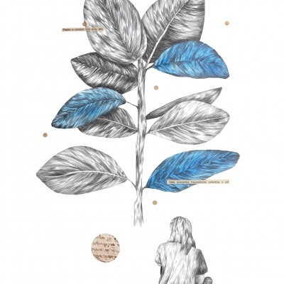 Ilustração artística de ramo com folhas cinza e azul e figura humana sentada