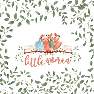 Ilustração com folhas verdes, três mulheres sentadas e o texto little women