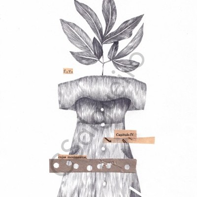 Desenho a lápis de vestido com botões e folhas, com recortes de papel com texto em espanhol.