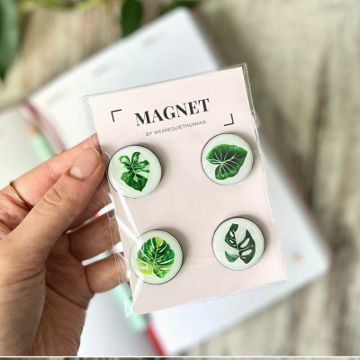 Pack de quatro ímanes com folhas verdes, embalagem com texto MAGNET.