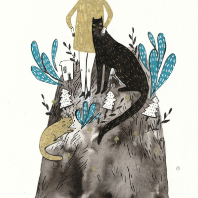 Ilustração de mulher com gatos sobre pedra com plantas e árvores estilizadas