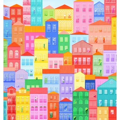 Ilustração colorida de edifícios em várias cores com texto DELIRIOUS OPORTO no topo