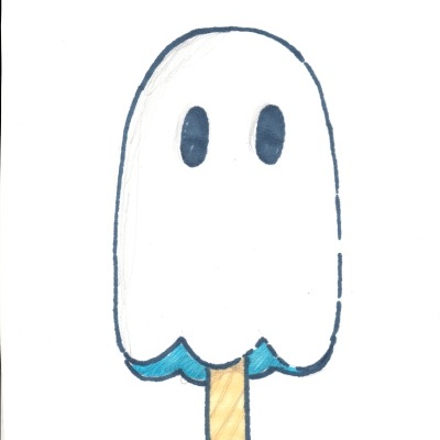 Desenho simples de gelado branco com olhos pretos e pau de gelado bege.