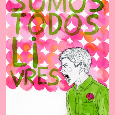 Ilustração colorida com texto e criança a gritar