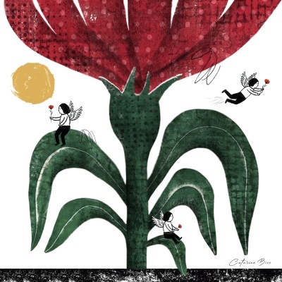 Ilustração de flor vermelha com figuras aladas e círculo amarelo