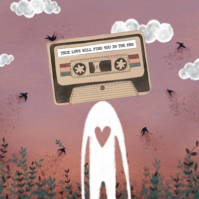 Figura humana com cassete na cabeça e texto sobre amor verdadeiro no céu violeta