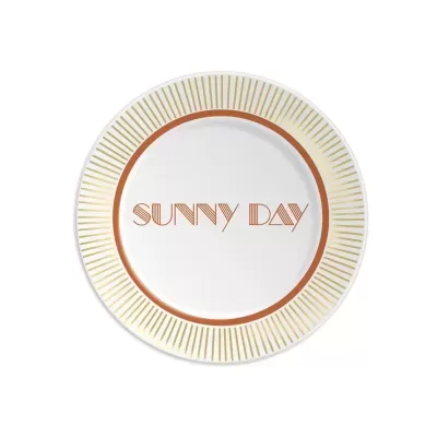 Prato redondo decorativo branco com texto dourado SUNNY DAY