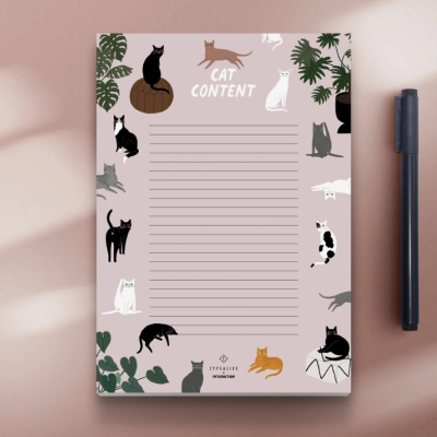 Bloco de notas decorado com gatos e texto CAT CONTENT