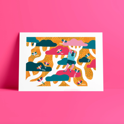 Cartaz colorido com ilustração de árvores e figuras humanas em fundo branco