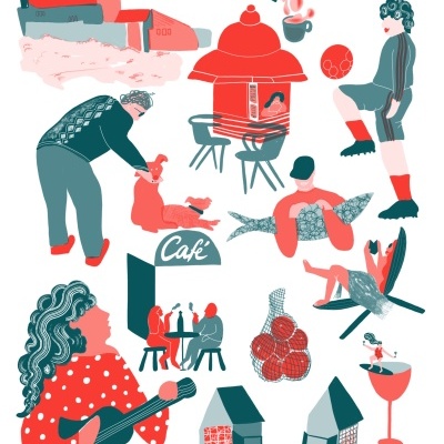 Ilustração colorida de várias figuras e objetos relacionados a um ambiente urbano e social