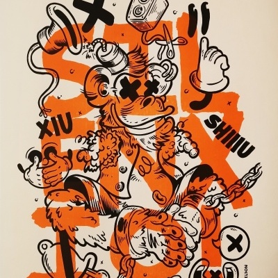 Ilustração gráfica com personagem cartoon e elementos em preto e laranja