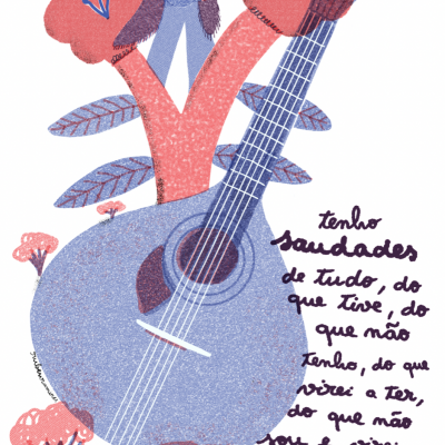 Ilustração de um violão azul grande com árvores vermelhas e músico tocando um violão menor, texto em português ao lado.