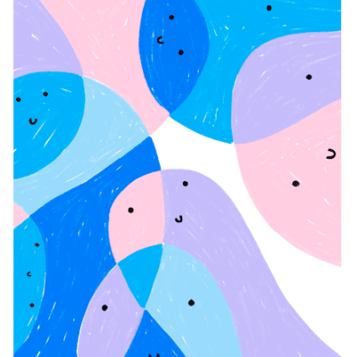 Ilustração abstrata com formas coloridas e rostos minimalistas