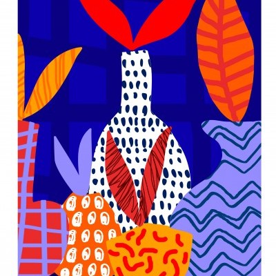 Vasos decorativos coloridos com padrões abstratos e folhas estilizadas