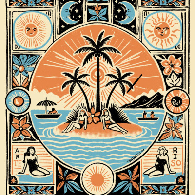 Ilustração colorida tropical com palmeiras, mulheres, mar e elementos solares e lunares