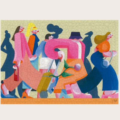 Puzzle com ilustração de pessoas coloridas a caminhar