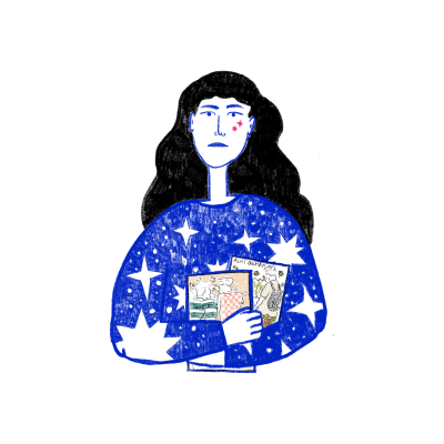 Ilustração de pessoa de camisa azul com estrelas segurando livros coloridos