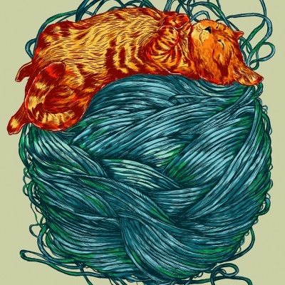 Desenho de gato laranja a dormir em novelo de lã azul