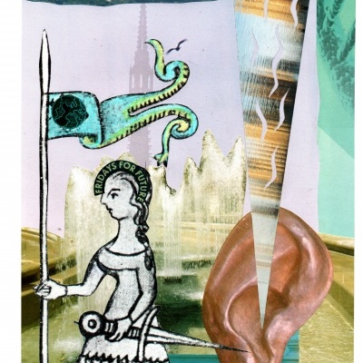 Colagem artística com desenho de mulher medieval, bandeira azul, texto Fridays For Future, nuvem verde, orelha castanha e fundo natural