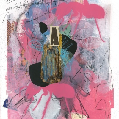 Colagem artística abstrata com letra 'A' em destaque