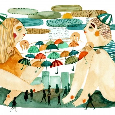 Ilustração de duas figuras humanas nuas com mini guarda-chuvas coloridos e pequenas silhuetas de pessoas no fundo