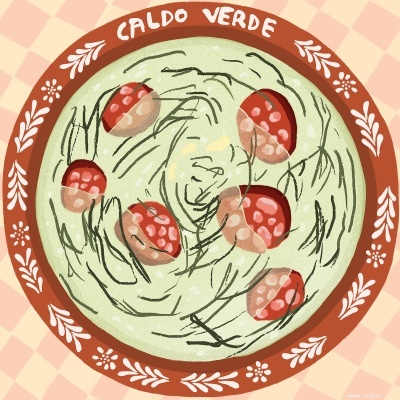 Ilustração de prato com sopa Caldo Verde e pedaços vermelhos