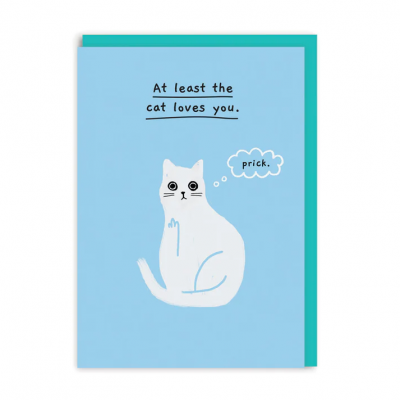 Cartão azul com desenho de gato branco e texto em inglês
