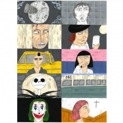 Ilustrações de rostos humanos e caricaturas em nove quadrados coloridos