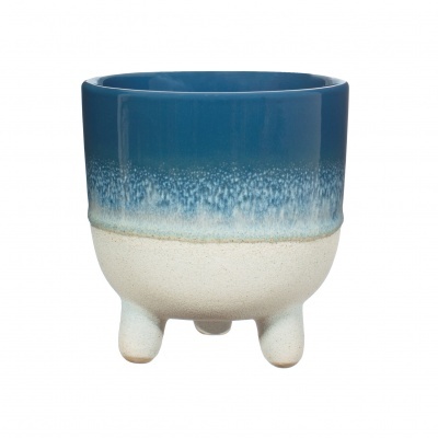 Vaso de cerâmica azul e branco com três pés