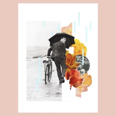 Homem com guarda-chuva e bicicleta com sobreposição de flores coloridas e linhas azuis.