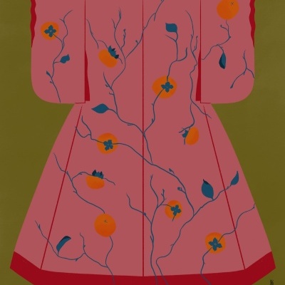 Kimono rosa com padrão de ramos e frutas laranja desenhado