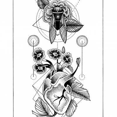 Ilustração preto e branco de coração anatómico com flores e inseto geométrico sobre flor.