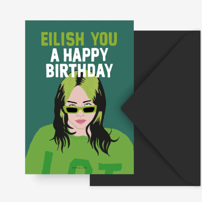 Cartão de aniversário verde com ilustração de mulher e texto EILISH YOU A HAPPY BIRTHDAY