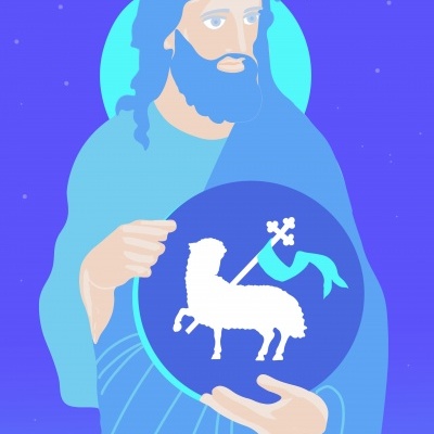 Ilustração de figura masculina com manto azul segurando escudo com símbolo de cordeiro branco