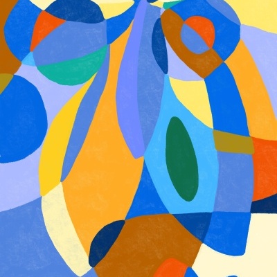 Imagem abstrata com formas coloridas sobrepostas em tons de azul, amarelo, laranja e verde