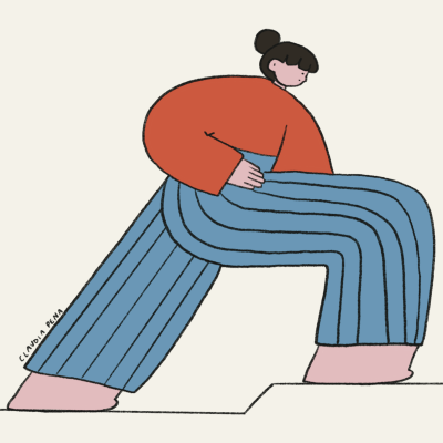 Ilustração de pessoa a alongar com camisola laranja e calças azuis riscas pretas