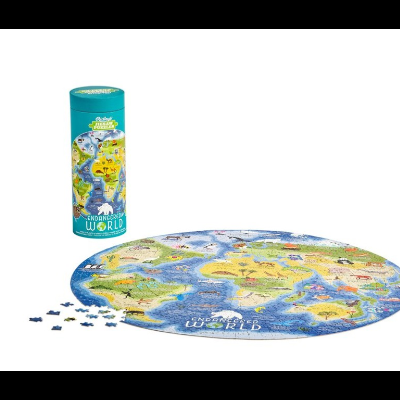 Puzzle redondo com mapa-múndi colorido e caixa cilíndrica azul.