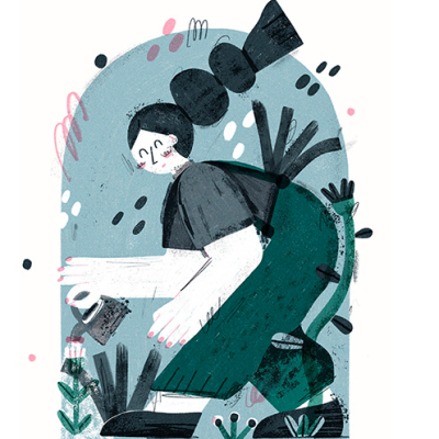 Ilustração de pessoa a regar planta com fundo azul claro e detalhes rosados