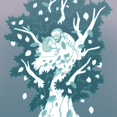 Ilustração de árvore com dois personagens humanos abraçados na copa