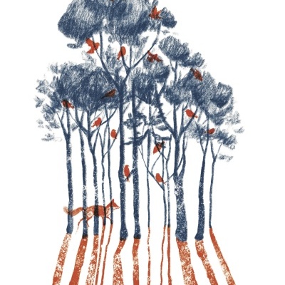 Ilustração artística de floresta com árvores azuis, pássaros e raposa laranja.