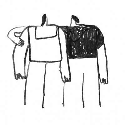 Desenho a preto e branco de duas figuras humanas estilizadas sem cabeça