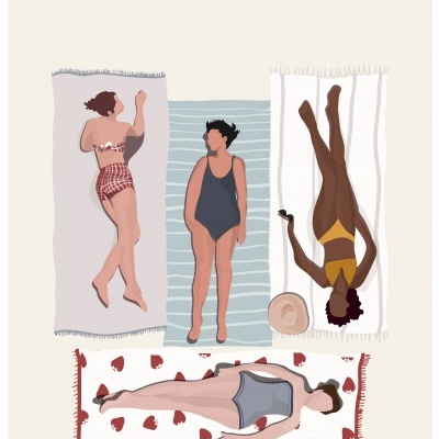Ilustração de quatro mulheres deitadas em toalhas coloridas com fatos de banho