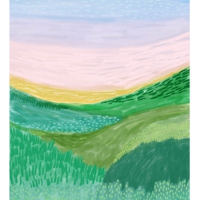 Pintura digital de uma paisagem com colinas verdes e céu azul, texto 'stand still' na parte inferior.