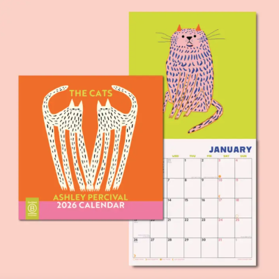 Calendário de parede 2026 com capa laranja e ilustrações de gatos