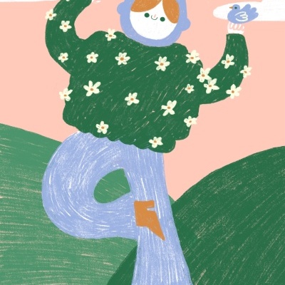 Ilustração de figura humana com casaco verde florido e chapéu azul segurando pássaros