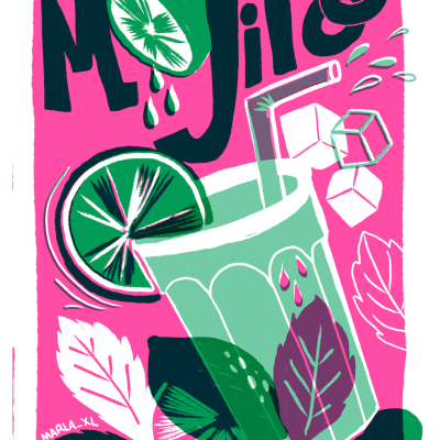 Ilustração de um copo de mojito com lima, hortelã e gelo sobre fundo rosa.